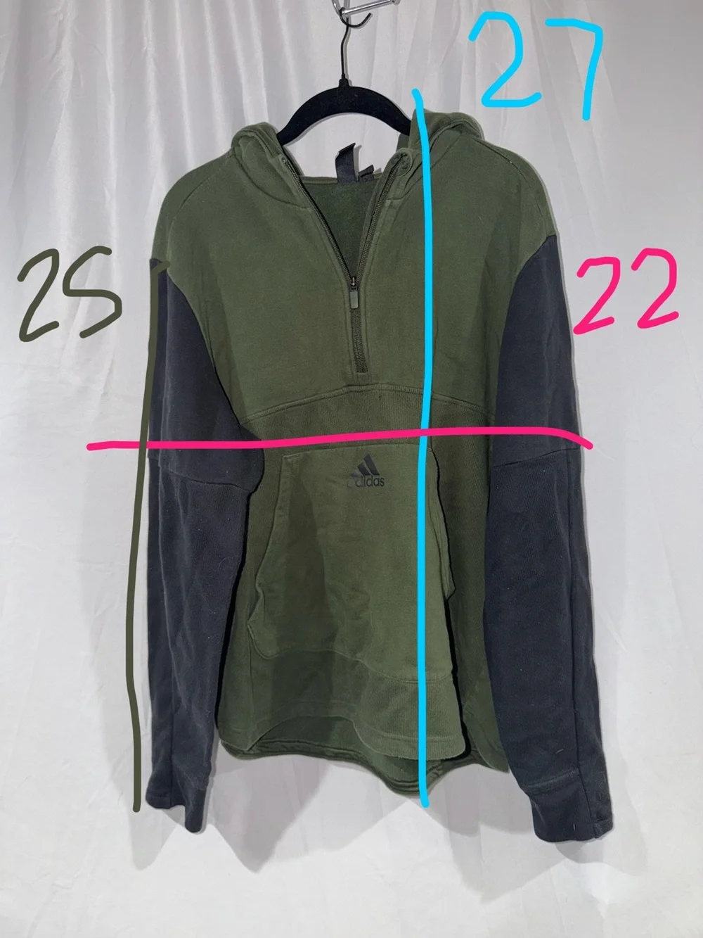 Adidas Hoodie Olive Green Black Half-Zip Up Long Sleeve Pull Over Top XL